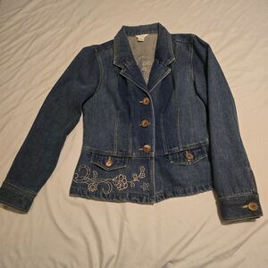 Christopher & Banks Embroidered Denim Blazer With Wood Buttons Womens Medium